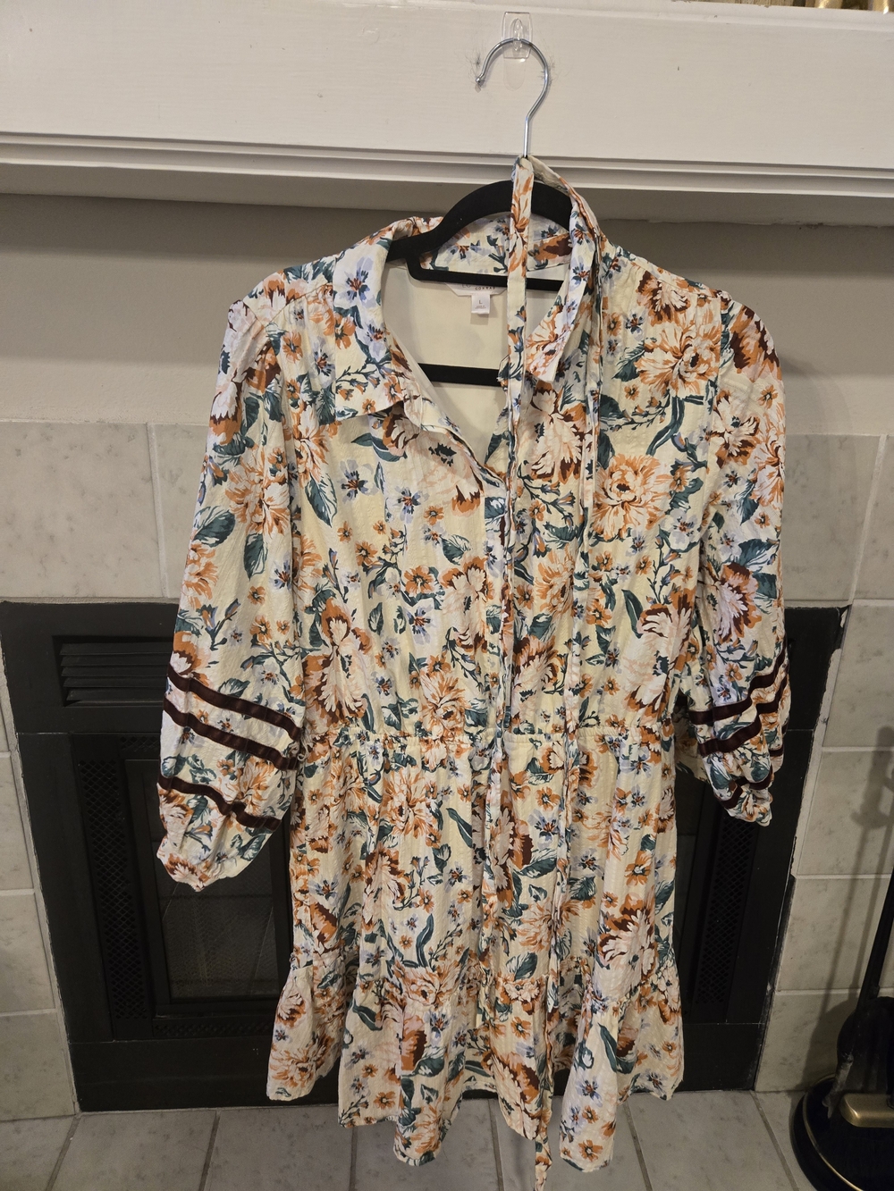 LC Lauren Conrad Cream Floral Tie-Neck Dress with Orange and Teal Accents